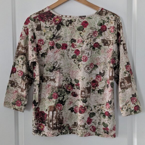 Great Northwest Top Women's Large Cream Red Floral All over Print 3/4 Sleeve Top - Picture 8 of 16
